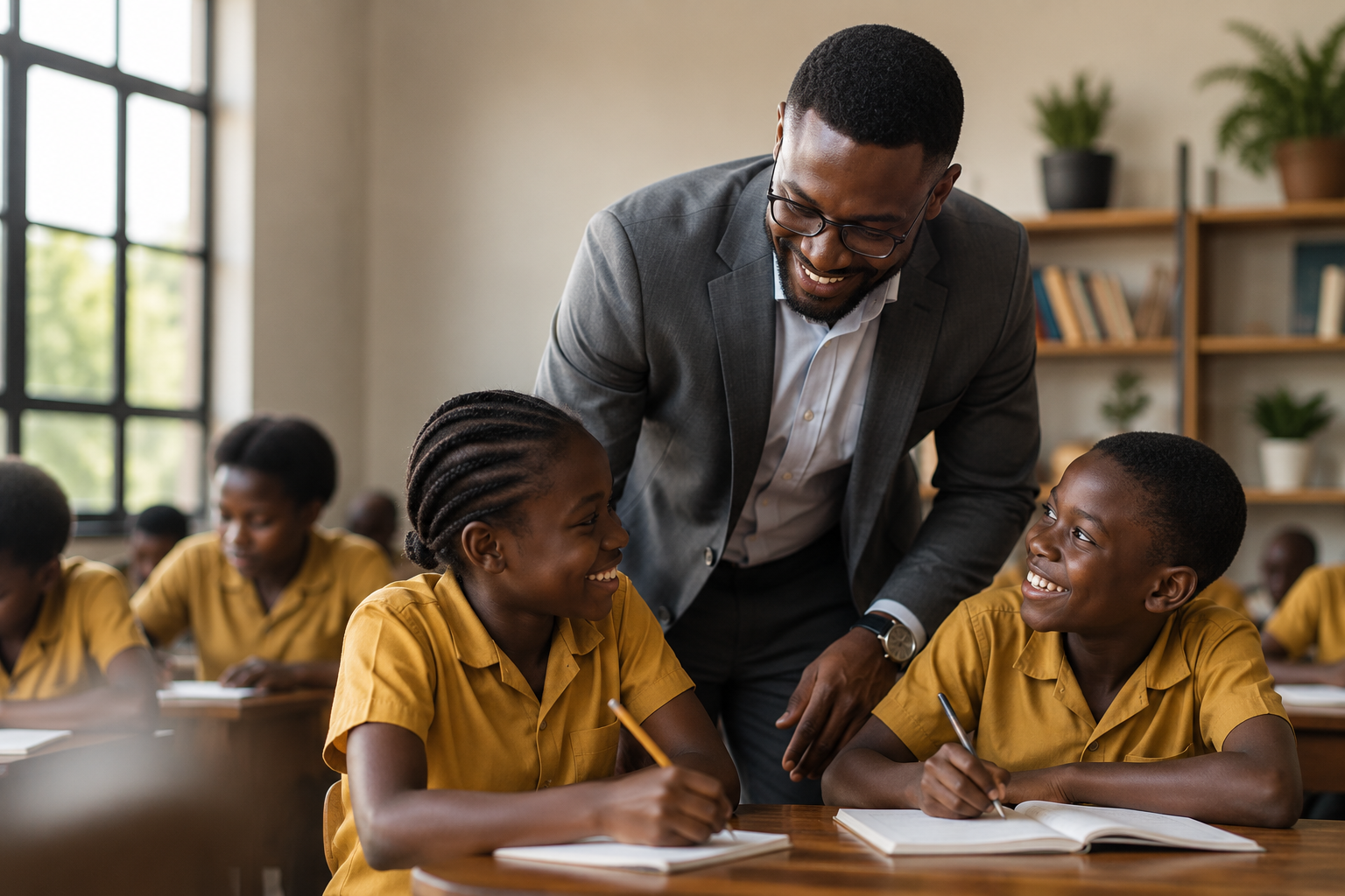 Students and a teacher benefiting from community impact