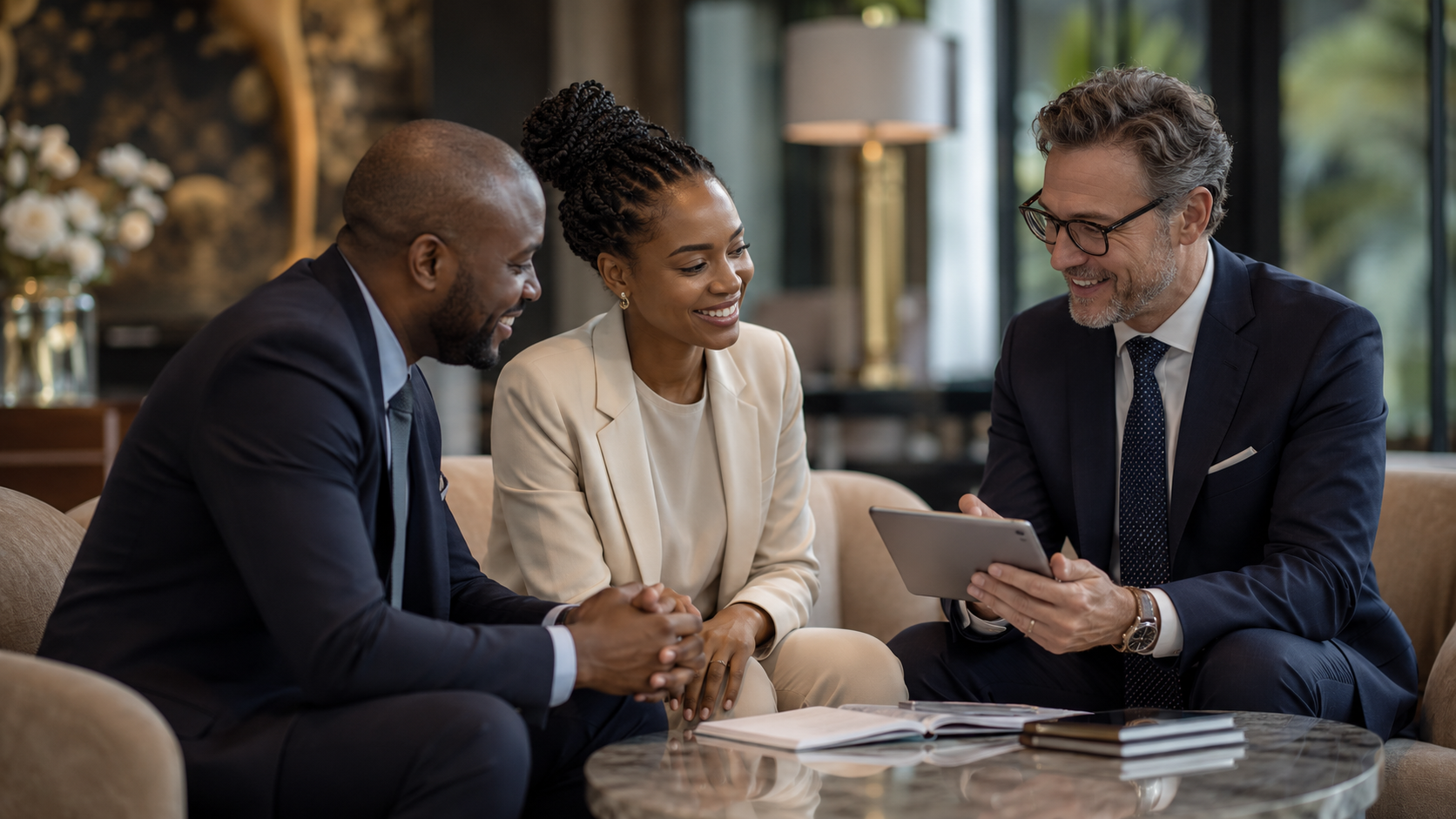 African and European professionals discussing asset management